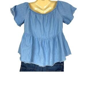 Zara 1975 light blue chambray top casual babydoll size medium